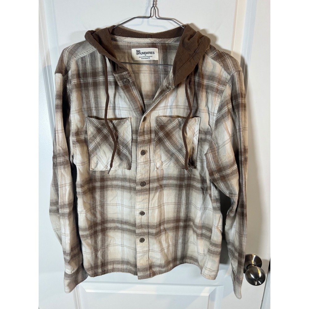 No Boundaries Mens Hooded Flannel Shirt Plaid Brown XS